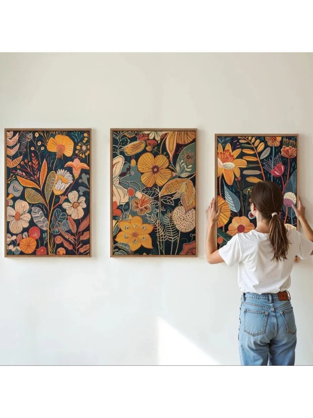 Set of 3 Orange Floral Canvas Wall Art - Mid Century Modern Boho Decor, 16x24